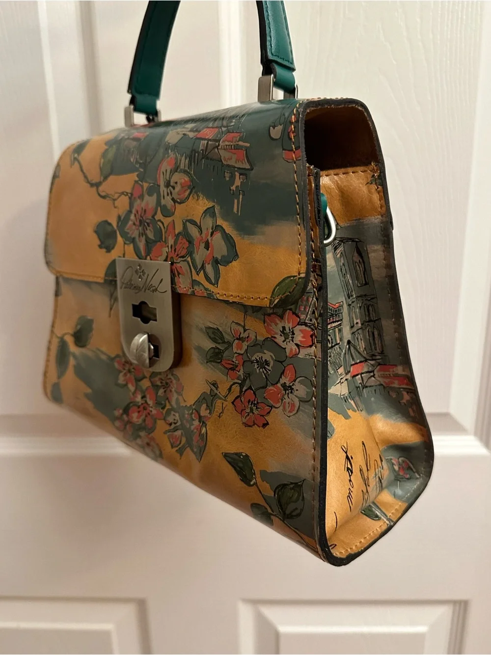 Patricia Nash Floral Top-Handle Satchel in Tan and Green
